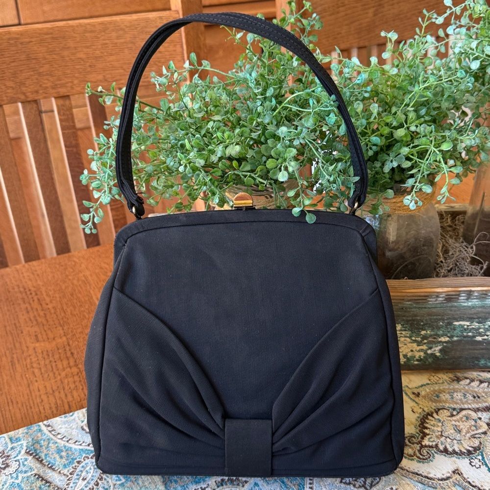 Black Taffeta Bow Evening Bag Vintage 1950s 1960s Top Handle Purse Mid Century